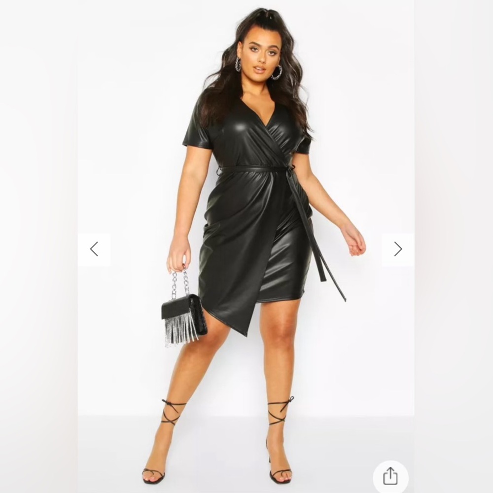 BOOHOO Black Faux Leather Wrap Dress
